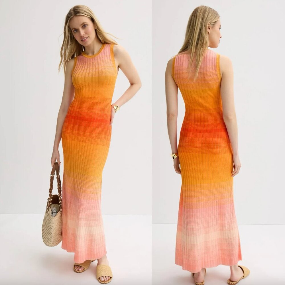 Maje Tie-Dye Knit Maxi Dress in Yellow Orange Pink Ombre Sleeveless Sundress